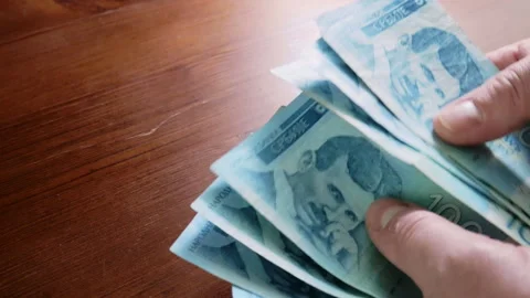 Man's hand counting 100 Serbian dinar banknotes with the image of Nikola Tesla Stock Footage 302928605