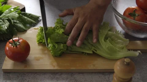 Man's hand cutting some fresh lettuce leaves Stock Footage 272181619