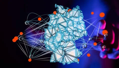 A man's hand displaying a 3D rendered map of Germany with neural network conn Stockfoto's