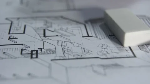 Man’s hand drawing lines on the house plan using pencil to make blueprints Stock Footage 147199565