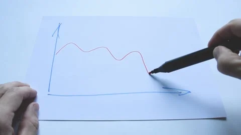 Man's hand draws a diagram chart with felt-tip pen decline with a red line Stock Footage 170863891