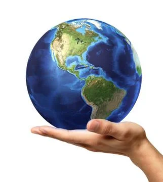 Man's hand with earth globe on it. On white background Stock Illustration