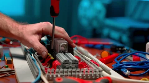 A mans hand fasten a red wire with a screw using a screwdriver. The finger turns Vídeo Stock 232467929