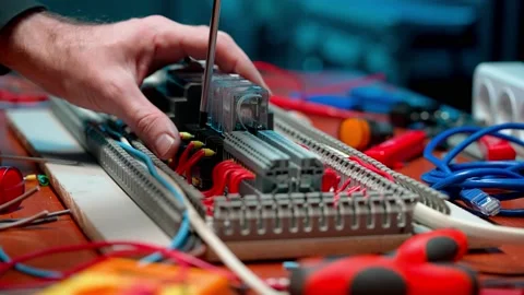 A mans hand fasten a red wire with a screw using a screwdriver. The finger turns Vídeo Stock 232468040