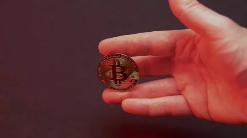 Man's hand with a gold bitcoin Stock Footage 291302728