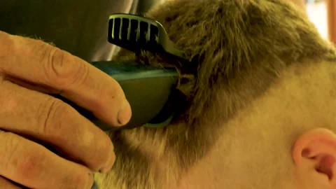 A man's hand with the help of an electric machine cuts the boy's head. Home Stock Footage 246520328