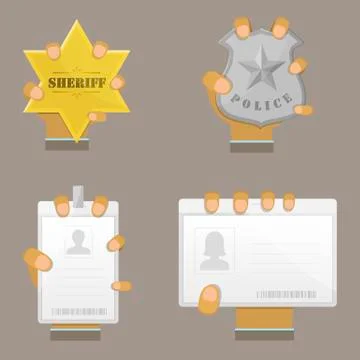 Mans Hand Holding Different Badges. Stock Illustration
