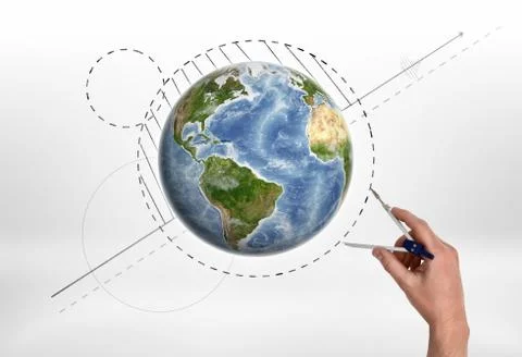 Man's hand holding engineering compass measures the distance near Globe Stock Photos