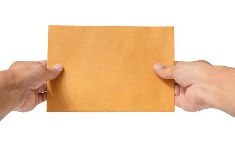 Man's hand holding envelope isolated on white background. Close up. High re.. Stock Photos