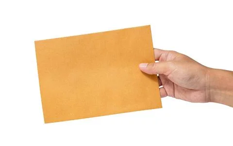 Man's hand holding envelope isolated on white background. Close up. High re.. Stock Photos