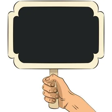 Man's hand holding wooden chalkboard. Stock Illustration
