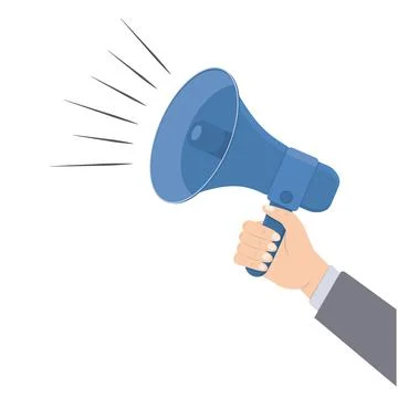 A man's hand holds a loudspeaker, a vector color illustration in a cartoon st Stock Illustration