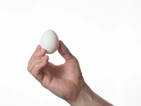 A man's hand holds a white egg in his fingers. White background. Stock Photos