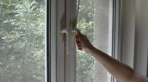 Man's Hand Opening His Double Bedroom Window, Side Shot Stock Footage 66460329