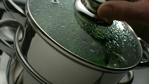 Man's hand opens a double boiler and shows green cooked broccoli Stock-Footage 113605235