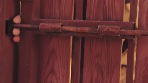A man's hand opens the gate from the inside Stock Footage 171594572