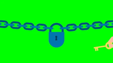 Man's hand opens a padlock with a key. Access is closed. Chain with closed lock Stock Footage 291675120
