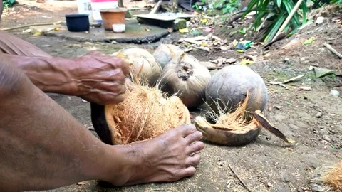 Man's hand peeling old coconut Stock-Footage 285016273