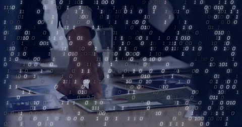 Man's hand picking chart releasing it while binary codes covering papers Stock Footage 318239873