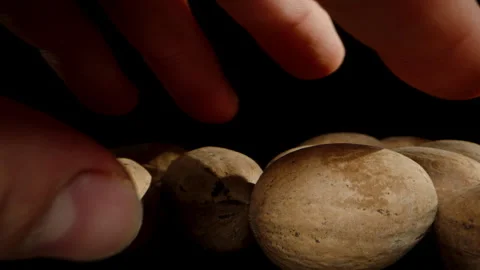 A Man's Hand Picks Up Pecan Nuts in Shells from a Black Table. Stock Footage 267133744