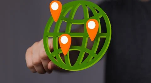Man's hand pointing 3D render green planet Earth with big data Foto stock