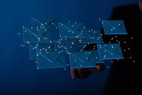 Man's hand pointing at 3d rendered message icons 스톡 일러스트