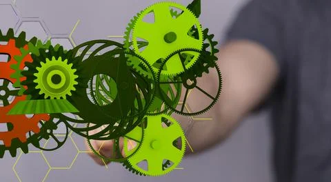 Man's hand pointing 3D rendered green digital engineering icons Fotos de archivo