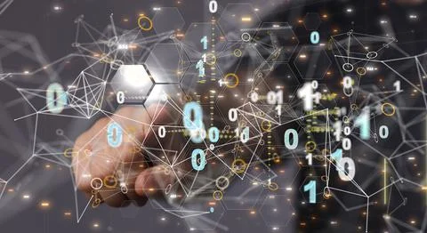 Man's hand pointing on 3d rendered binary codes Foto stock