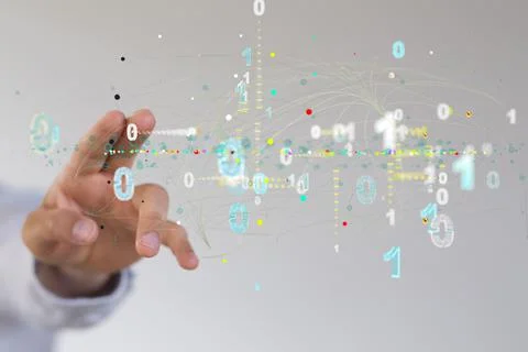 Man's hand pointing on 3d rendered binary codes Stock Photos