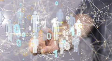 Man's hand pointing on 3d rendered people icons and binary codes 스톡 사진