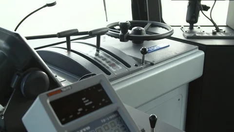 Mans hand pressing button of machine inside control room of fireboat Video stock 116468501