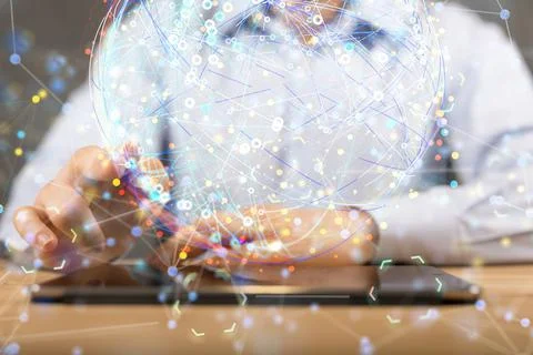 Man's hand pressing the data cloud interface with his fingers Stock Photos