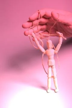 Man's hand pulling strings of wooden puppet. Concept of emotional manipulatio Stock Photos