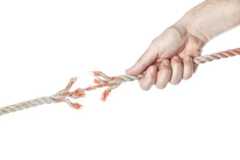 Man's hand pulls the rope and breaks. On a white background. Stock Photos