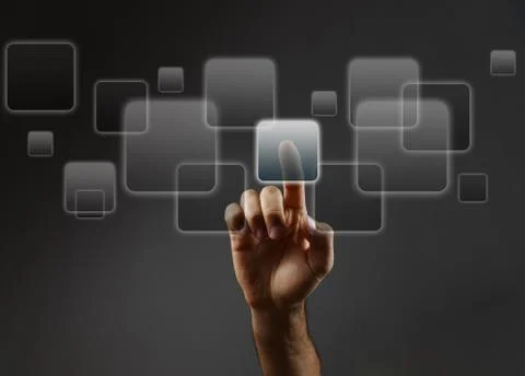 Man's hand pushing the button. Touchscreen. Rear view. Stock Photos