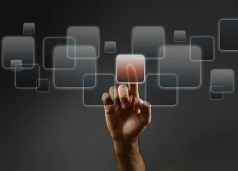 Man's hand pushing the button. Touchscreen. Rear view. Stock Photos