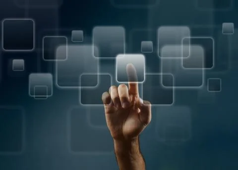 Man's hand pushing the button. Touchscreen. Rear view. Stock Photos