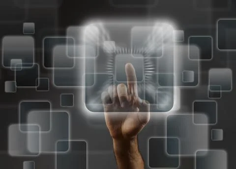 Man's hand pushing the button. Touchscreen. Rear view. Stock Photos