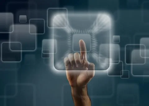 Man's hand pushing the button. Touchscreen. Rear view. Stock Photos