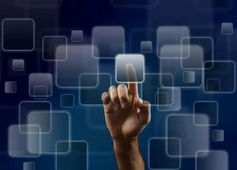 Man's hand pushing the button. Touchscreen. Rear view. Stock Photos