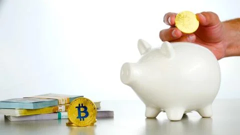 Mans hand put Bitcoin cryptocurrency into white pig moneybox near Dollars and Stock-Fotos