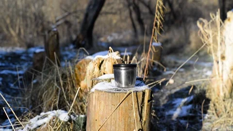 Man's hand puts  cup on  stump and pours tea from a thermos, close-up. 스톡 동영상 145270607