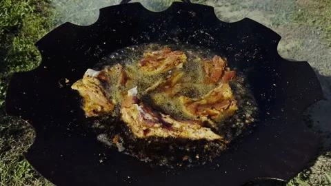 A man's hand puts meat in boiling oil in a brazier on an open fire. Stock-Footage 217374585
