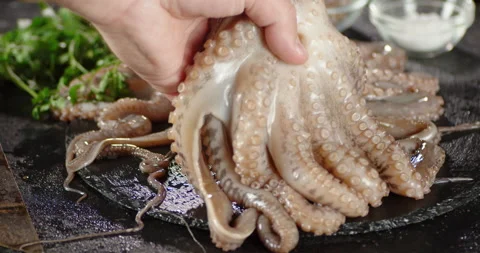 A man's hand puts a raw octopus on a sto... | Stock Video | Pond5