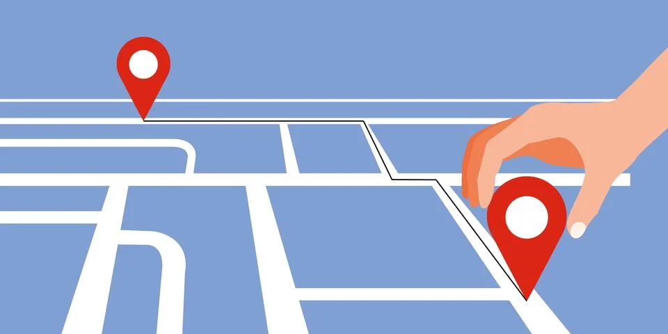 Man's hand puts waypoint on the map. traffic route on the map. Illustrazione stock