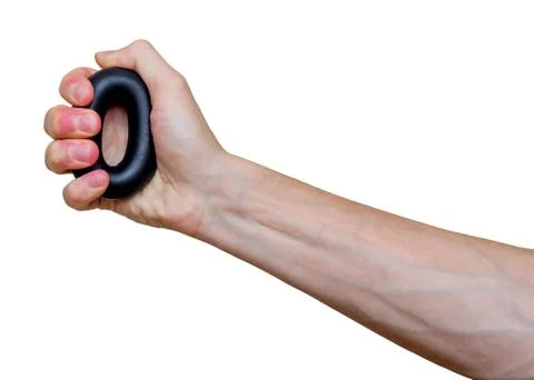 Man's hand with rubber ring (hand gripper). Sport and equipment. Isolated. 스톡 사진