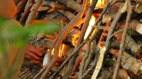Man's Hand Setting Fire Fire Ivan Kupala Pagan Festival Men and Women Are Going Stock Footage 64797857