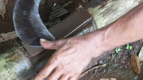 A mans hand sharpening a machete on a sharpening stone Stock Footage 312095477