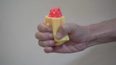 Man's hand squeezing a squirrel-shaped stress toy Video stock 329616037