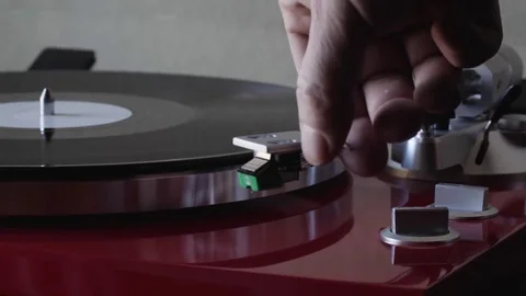 Mans Hand Starts Record Player, Drops Needle Stock Footage 82463399